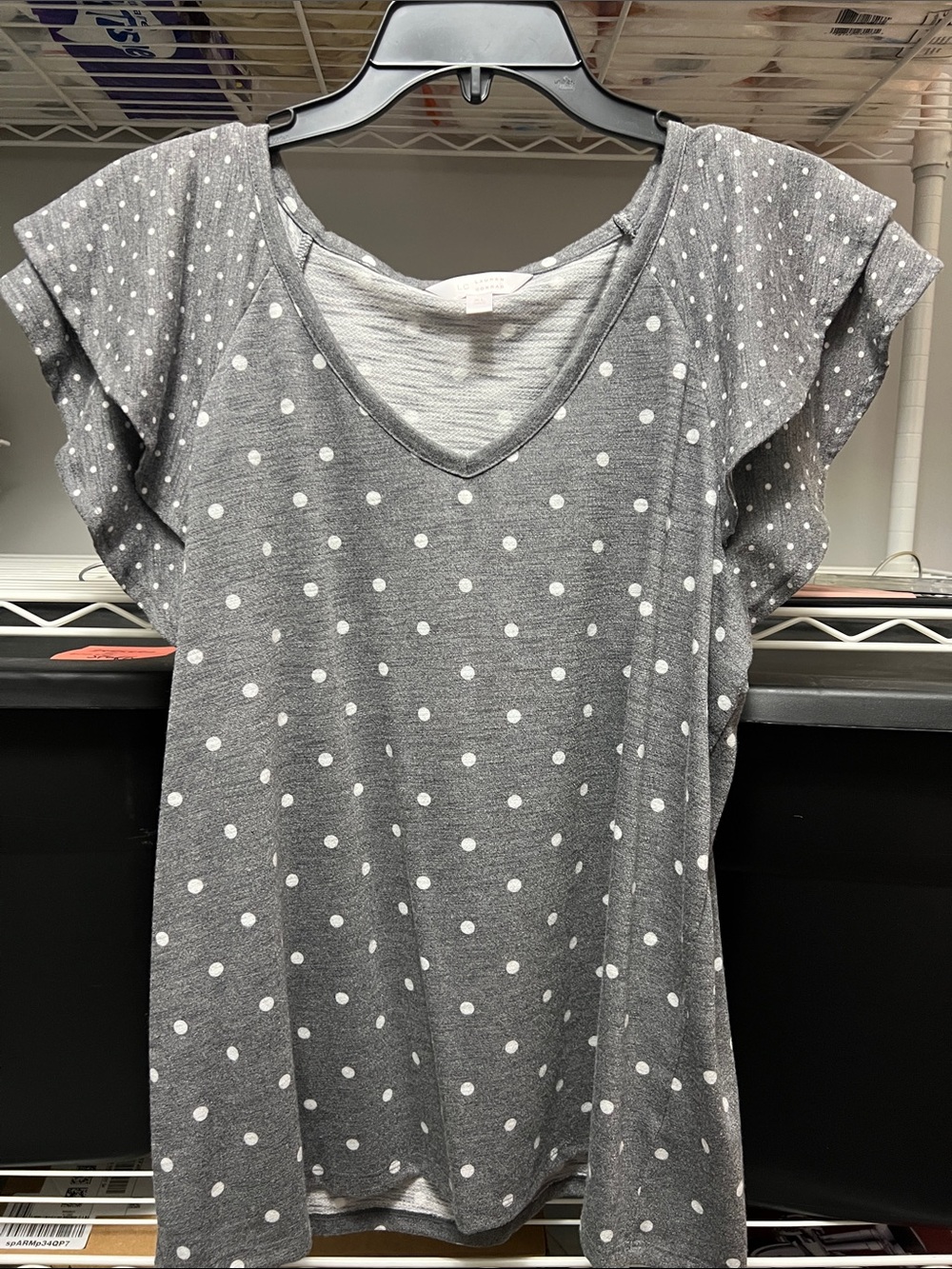 LC Lauren Conrad Gray Polka Dot V-Neck Tank with Flutter Sleeves